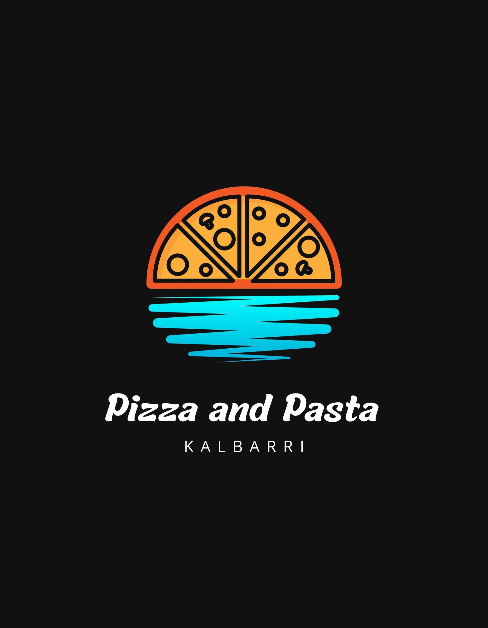 Logo for "Pizza and Pasta Kalbarri" featuring a stylized orange pizza slice forming a sunset over blue ocean waves on a black background.
