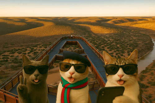 Three cartoon-style cats wearing sunglasses at Kalbarri Skywalk, one holding a phone, with desert landscape in the background.
